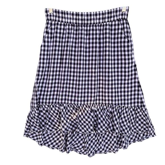 J.Crew Dresses & Skirts - J. Crew Black White Gingham High Low Skirt Ruffle Hem Midi Pocket Lined Elastic